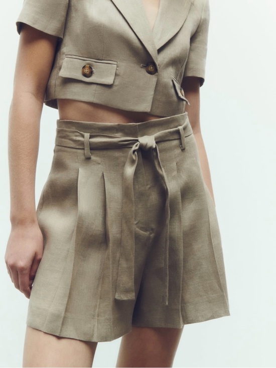 Zara Pants - Zara Taupe Tie-Waist Linen Bermuda Shorts